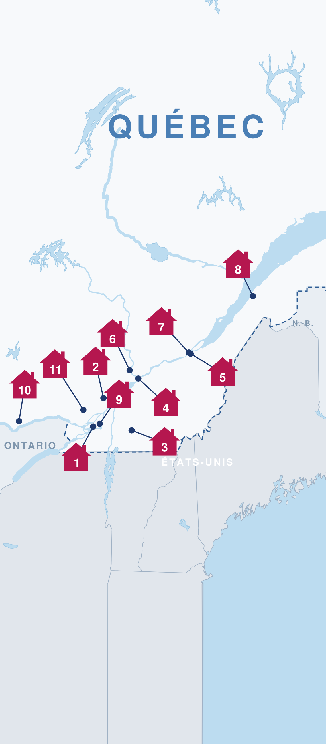 Carte du Québec situant les 11 Espaces Autiste & majeur